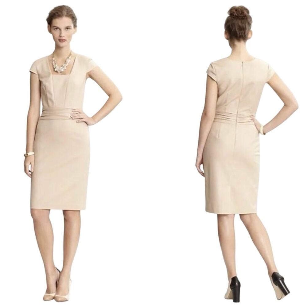 Banana Republic Kate Sheath Dress size 6 petite beige neutral fitted square neck